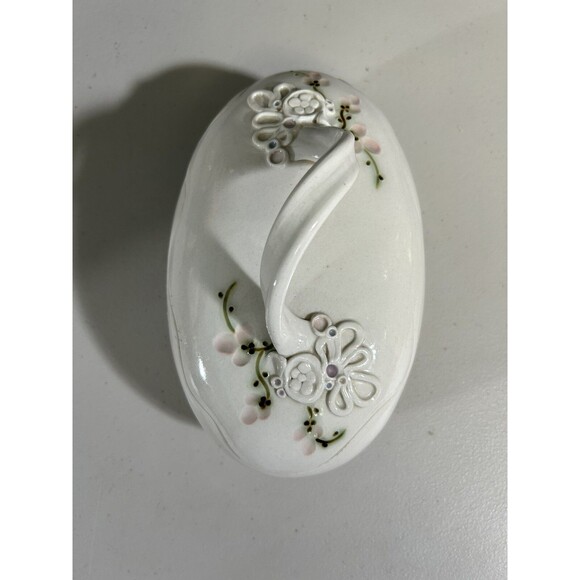 Floral Egg-Shaped Scalloped Lid Studio Art Pottery Trinket Holder Dish Signed - Picture 4 of 11